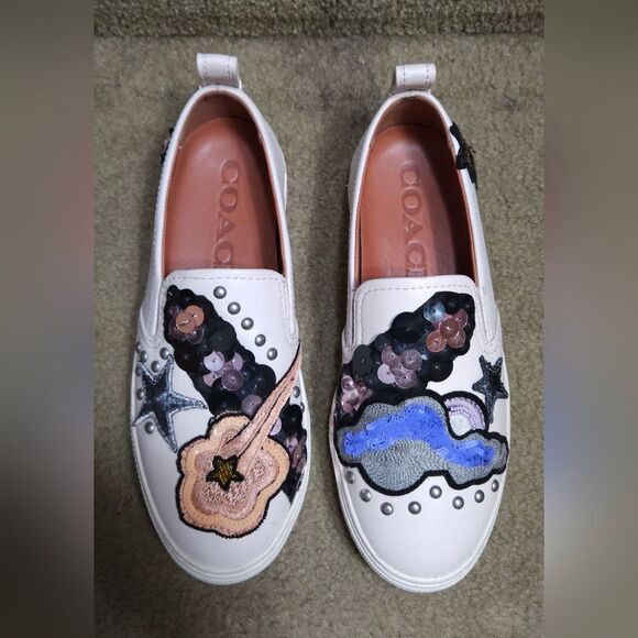 COACH Slip On Sequins and Star Patches Leather Beige Sneakers C115 Size 5.5B - Picture 1 of 16